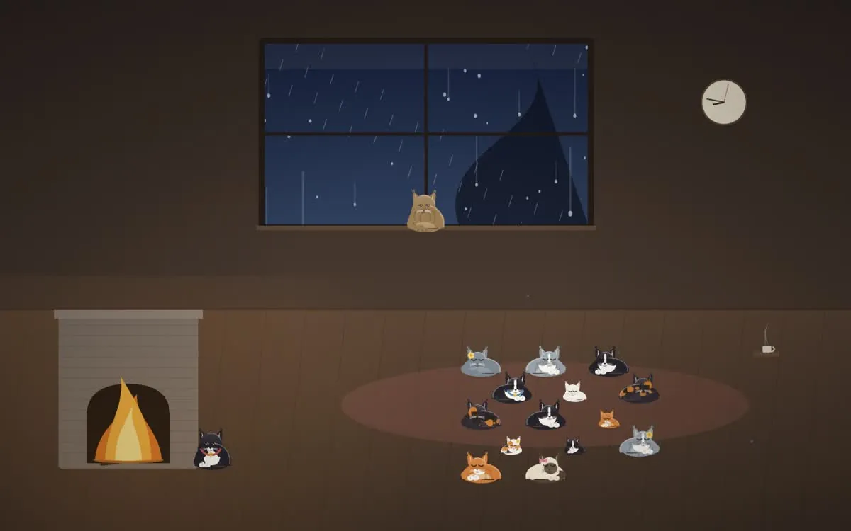 Catmint Cove Rest mode — cats resting by a fireplace in a cabin while rain runs down the window