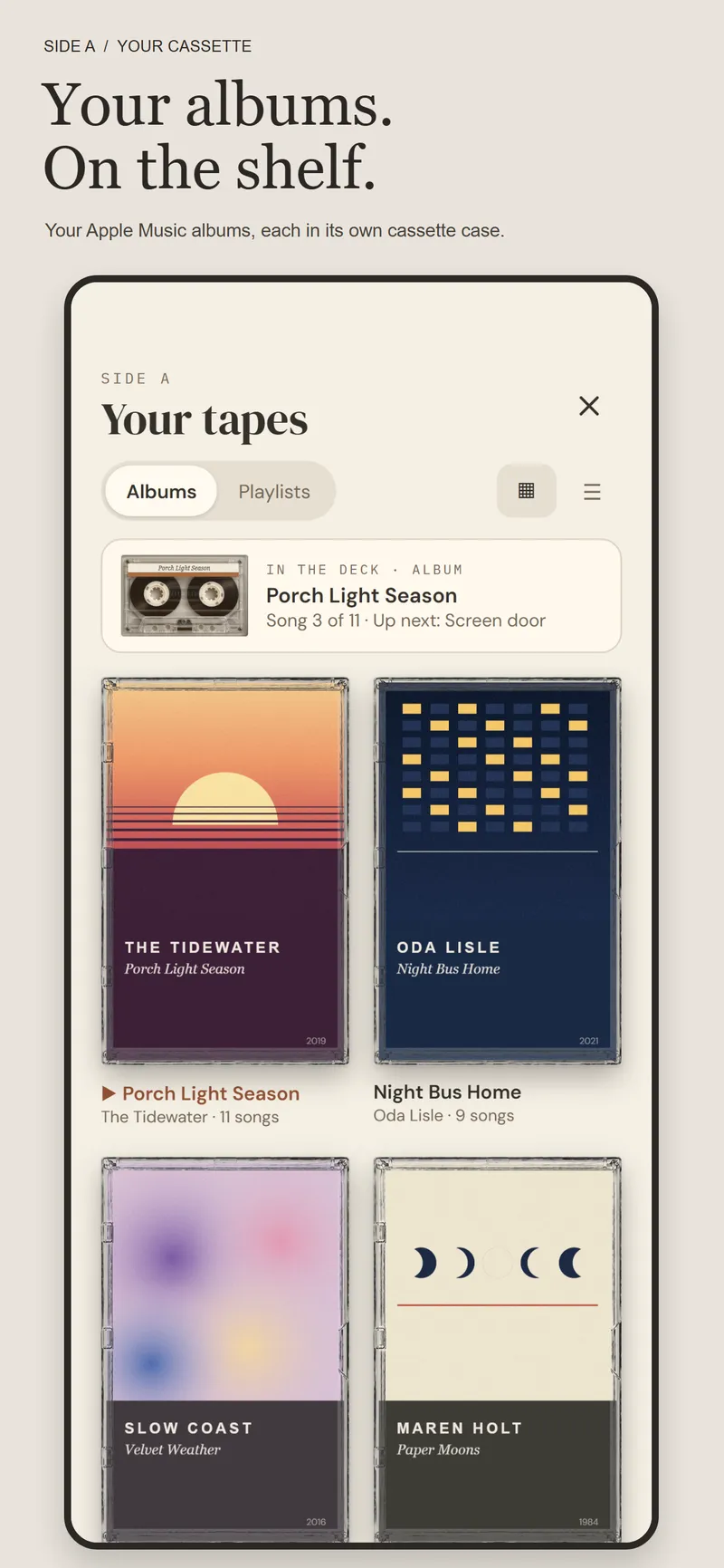 Apple Music albums displayed as cassette cases in Side A